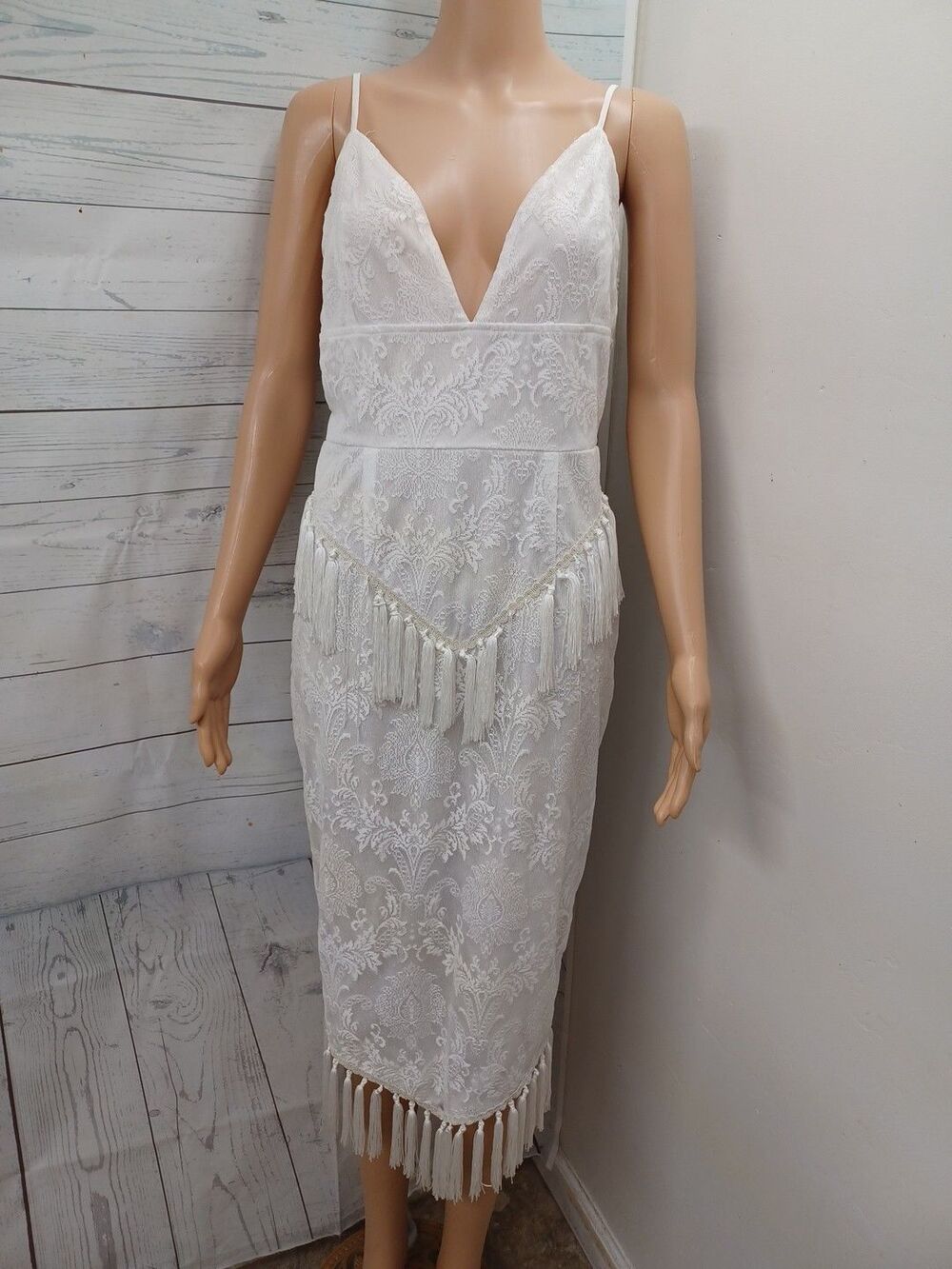 Pretty Little Thing White Boho Lace Strappy Maxi Dress Sz 10 Fringed